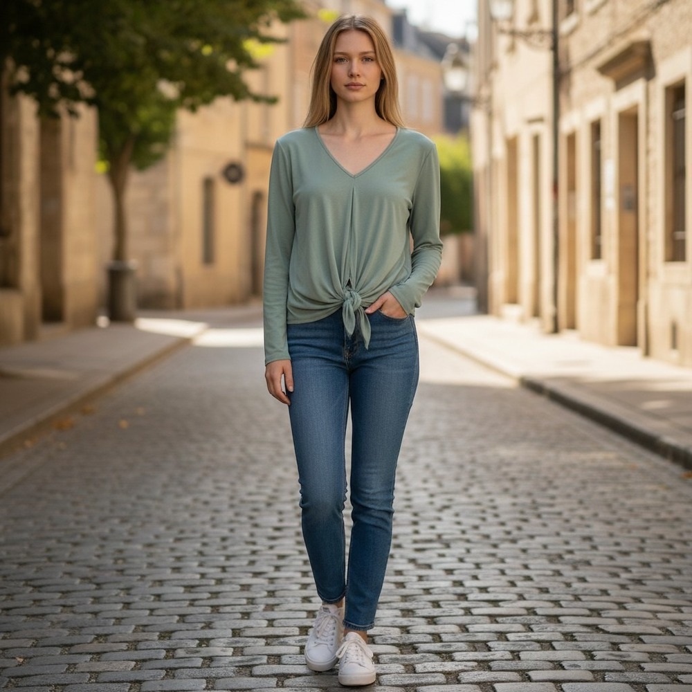 Serafina Sage Green V-Neck Twist Front Long Sleeve Knit Top Relaxed Fit